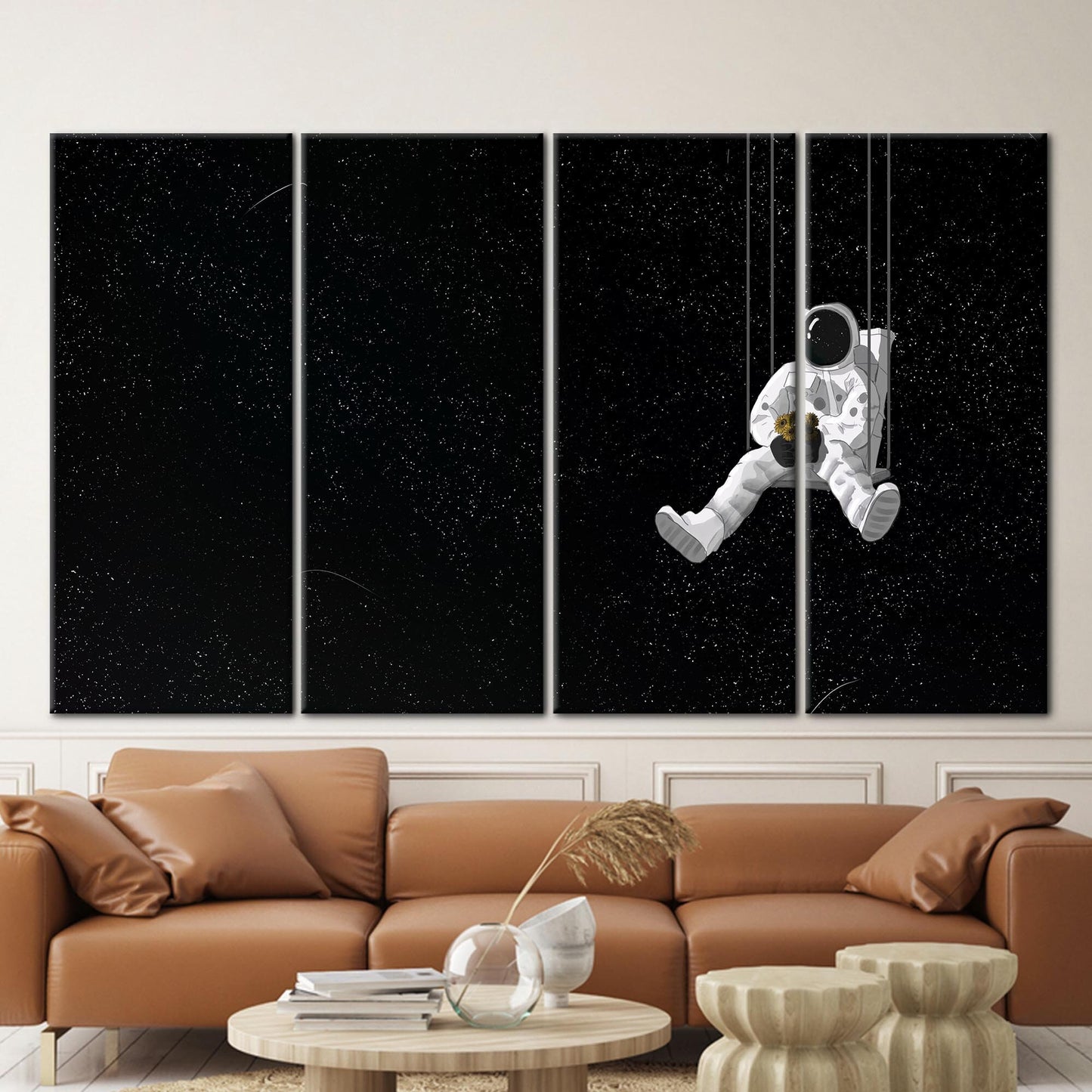 Black Astronaut and Sunflowers Starry Canvas Print