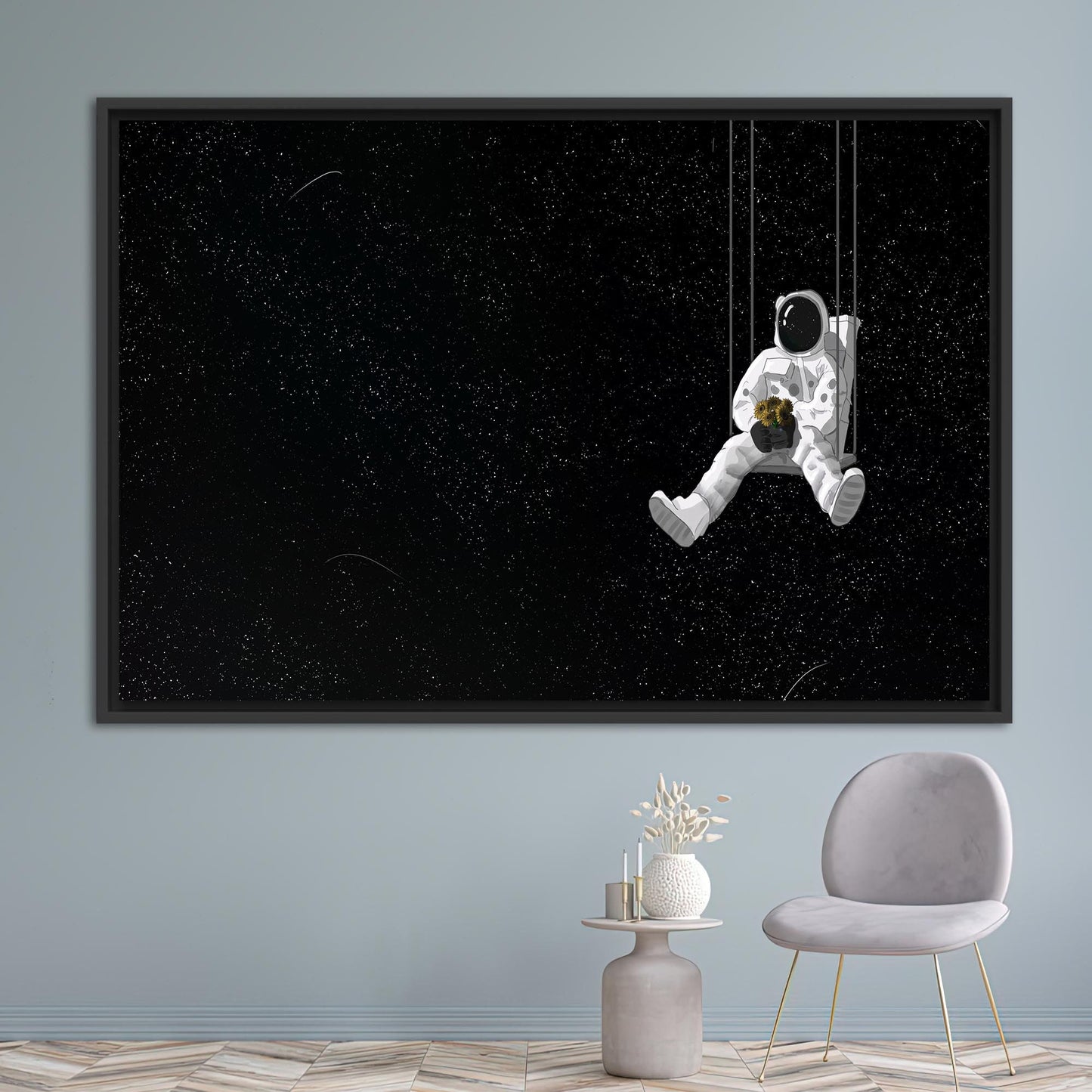 Black Astronaut and Sunflowers Starry Canvas Print