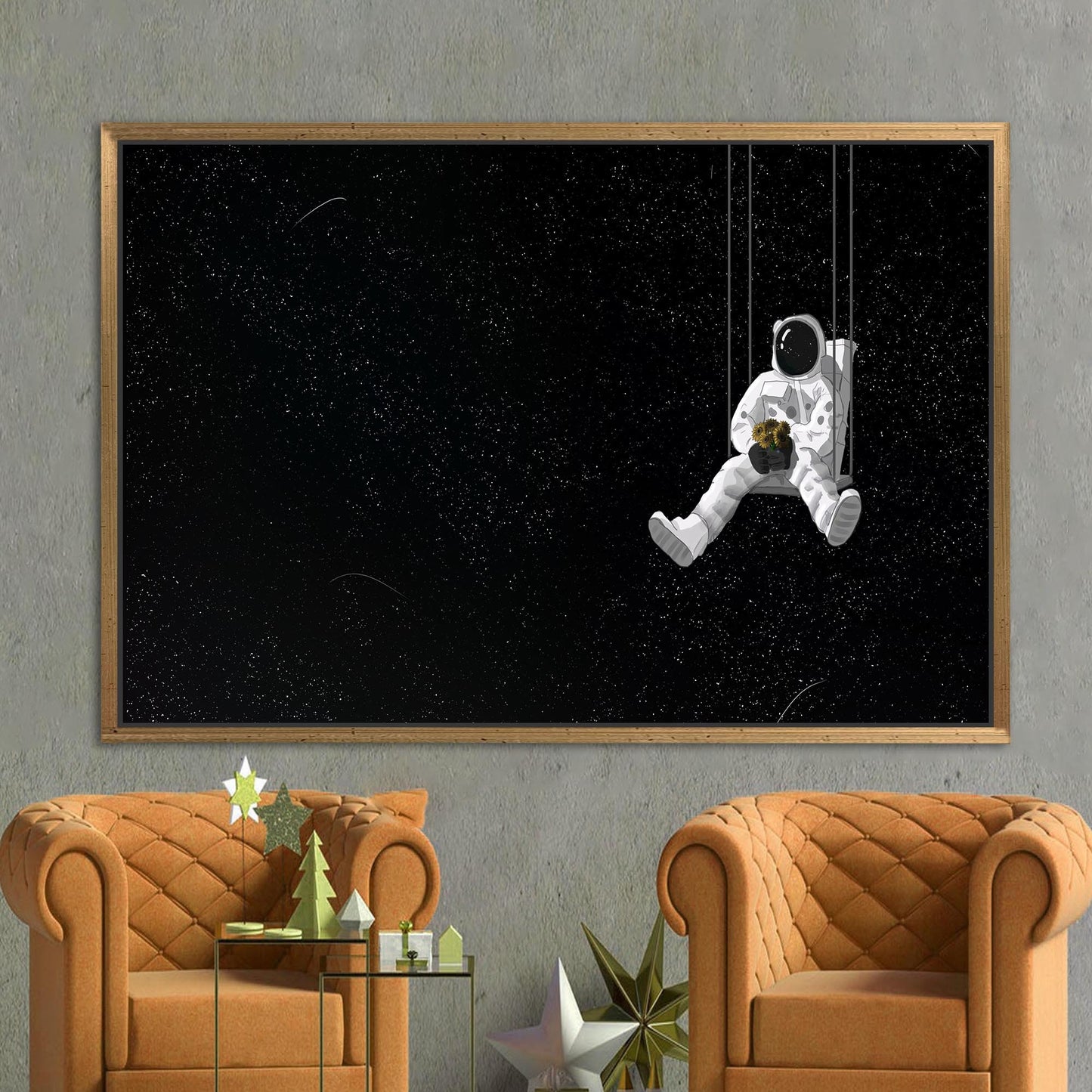 Black Astronaut and Sunflowers Starry Canvas Print