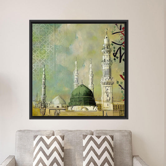 Prophet's Mosque Canvas Print - Masjid Nabawi Wall Art, Muslim Home Decor, Framed Canvas Painting