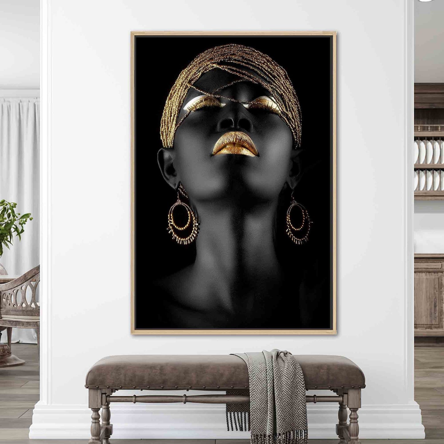 African Gold Lip Art Canvas Print - Black Woman Ethnic Artwork