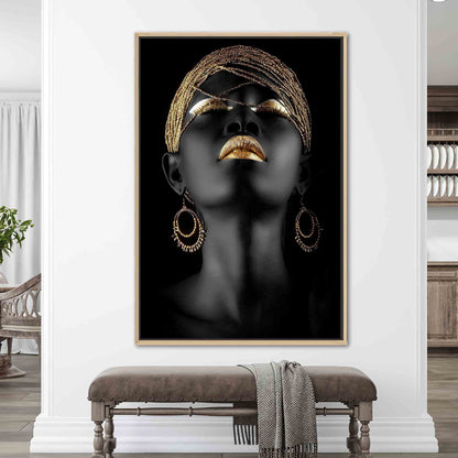 African Gold Lip Art Canvas Print - Black Woman Ethnic Artwork