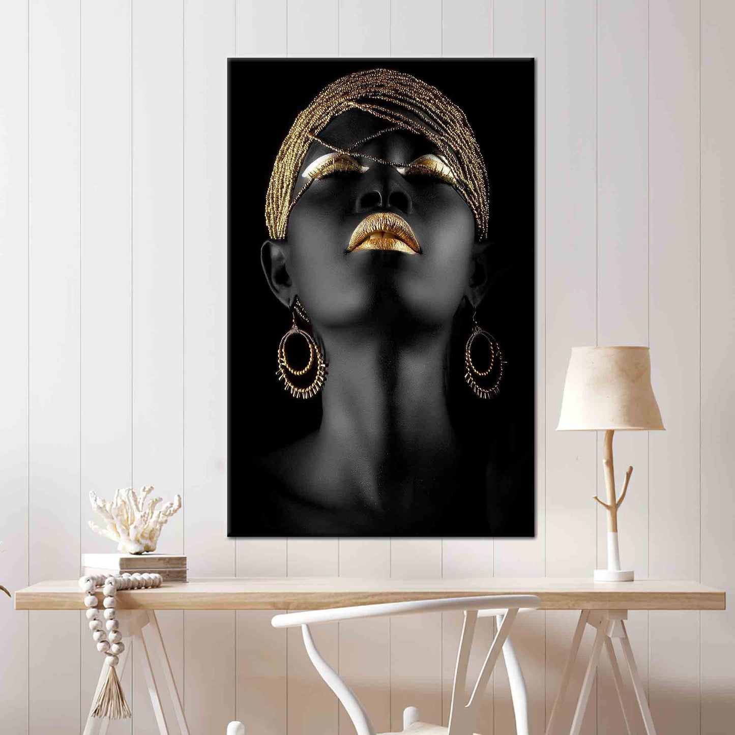 African Gold Lip Art Canvas Print - Black Woman Ethnic Artwork