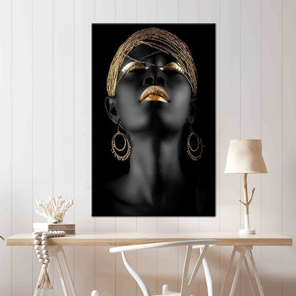 African Gold Lip Art Canvas Print - Black Woman Ethnic Artwork