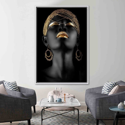 African Gold Lip Art Canvas Print - Black Woman Ethnic Artwork