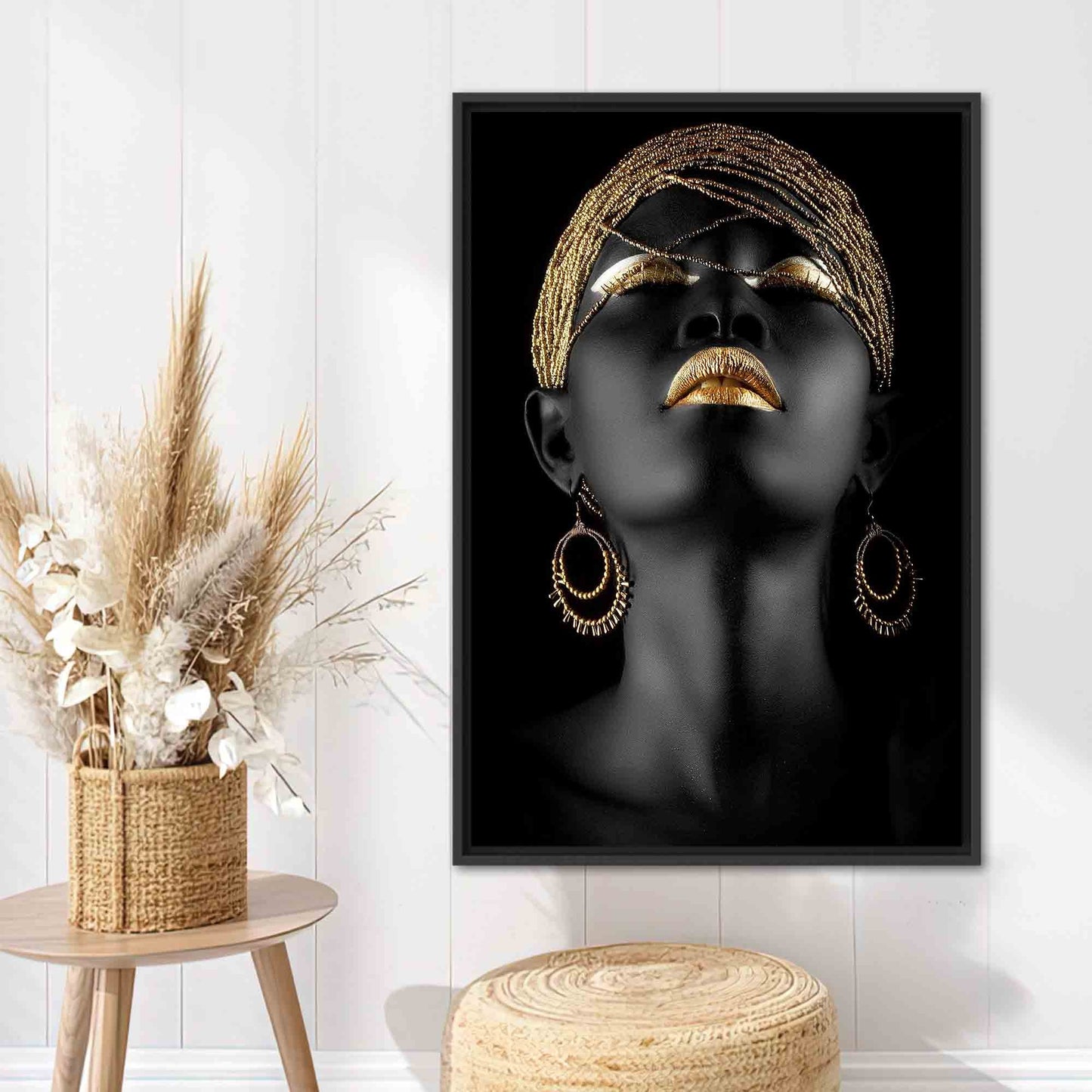African Gold Lip Art Canvas Print - Black Woman Ethnic Artwork