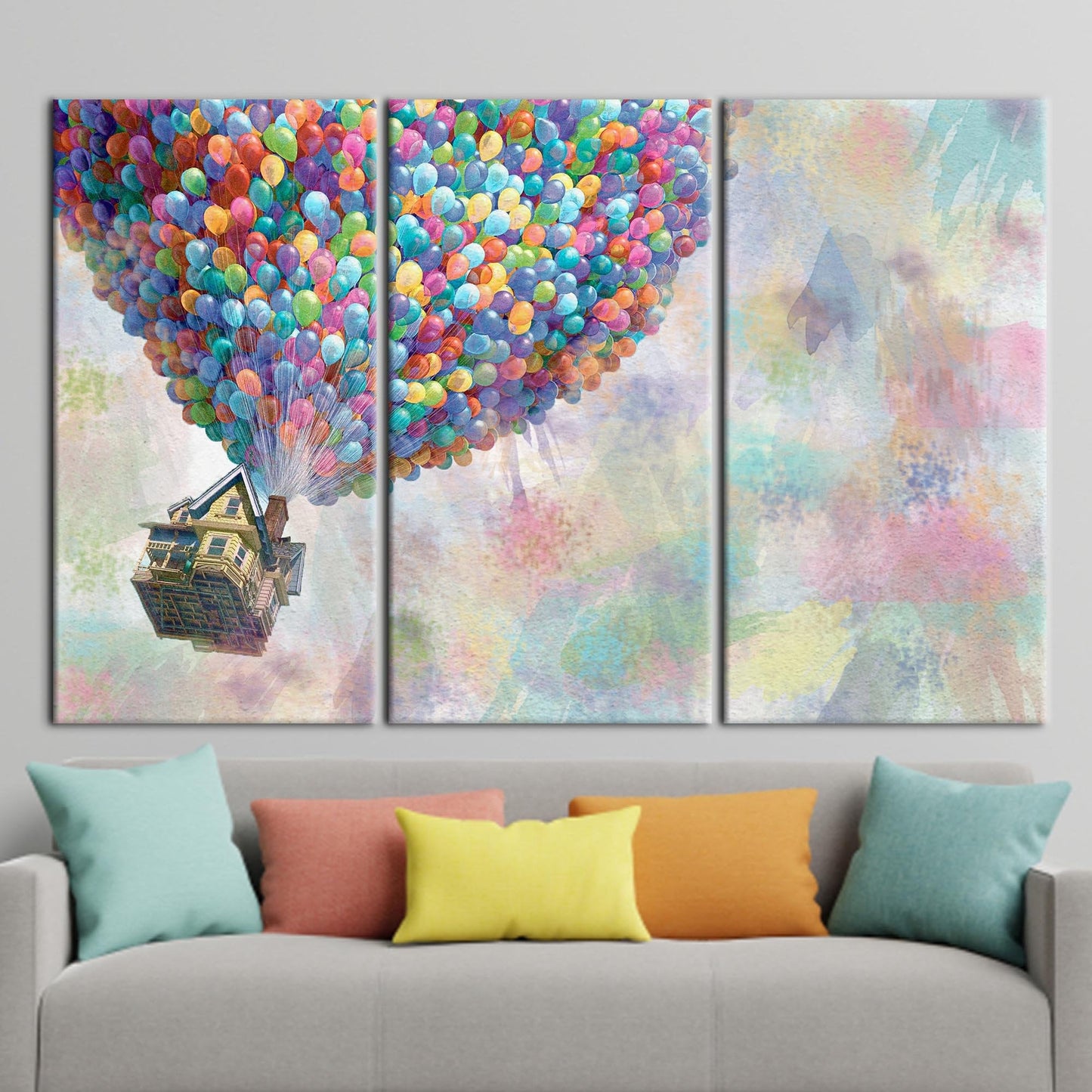 Abstract Rainbow Canvas Art with Up Movie Balloons - Colorful Wall Art Print
