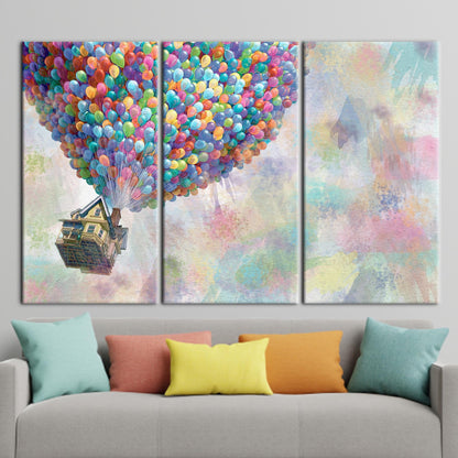 Abstract Rainbow Canvas Art with Up Movie Balloons - Colorful Wall Art Print