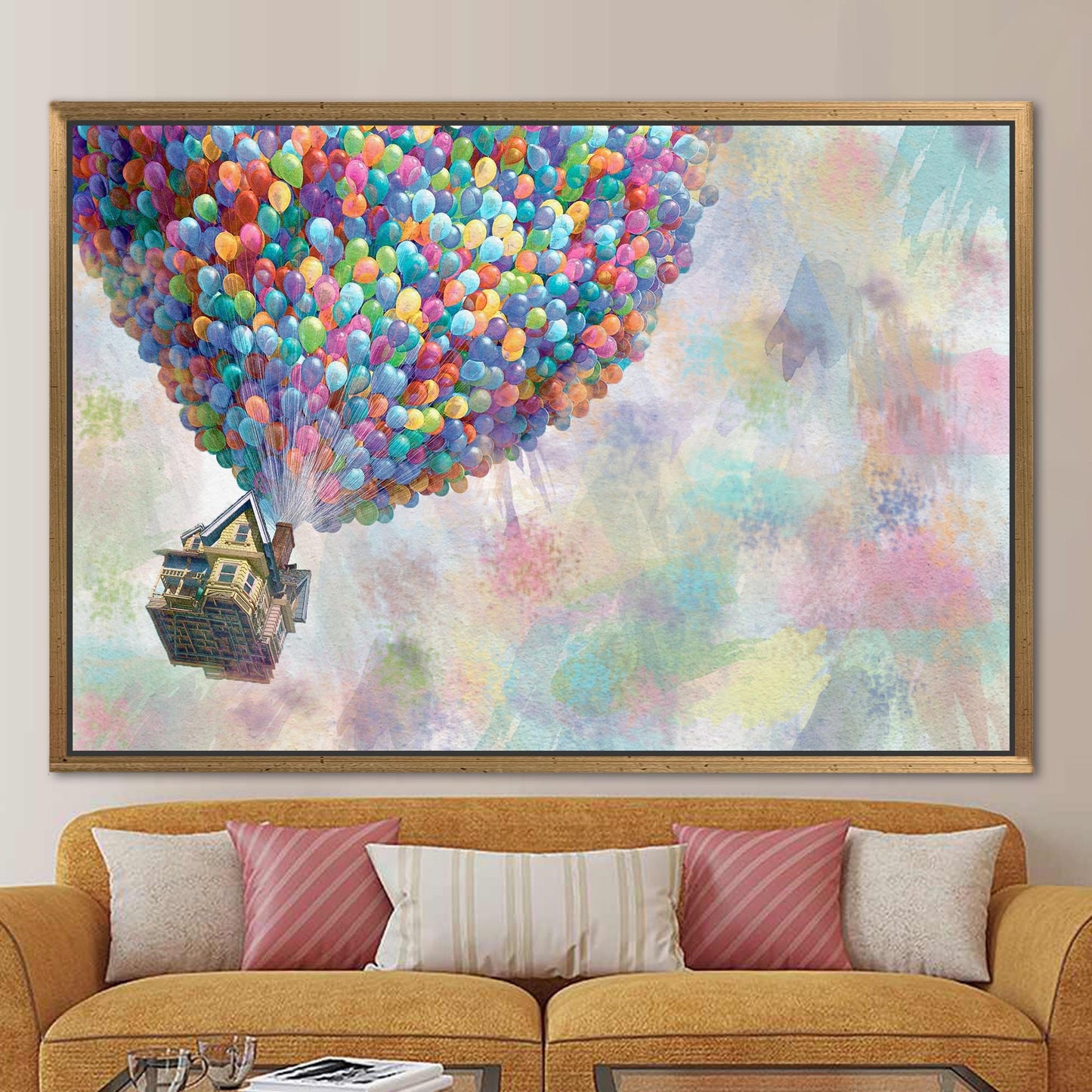 Abstract Rainbow Canvas Art with Up Movie Balloons - Colorful Wall Art Print