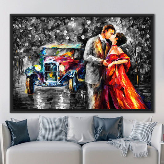 Vintage Car Artwork Kissing Couple Canvas Print - Romantic Wall Decor