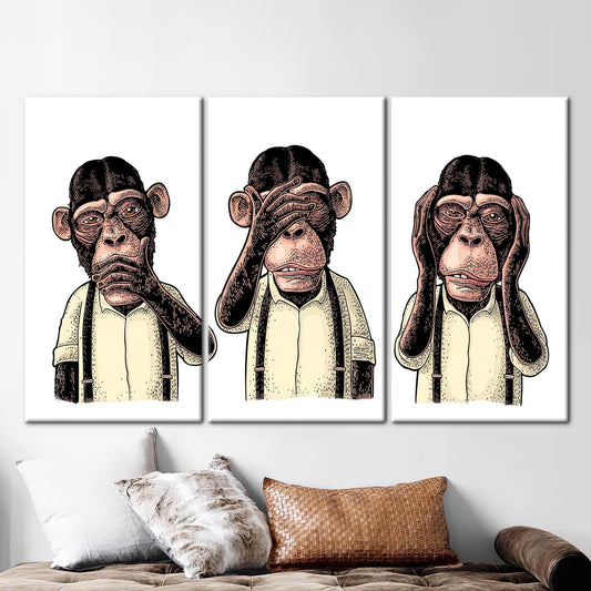 Abstract Monkey Art Canvas: Three Wise Monkey Wall Decor, Printed Artwork