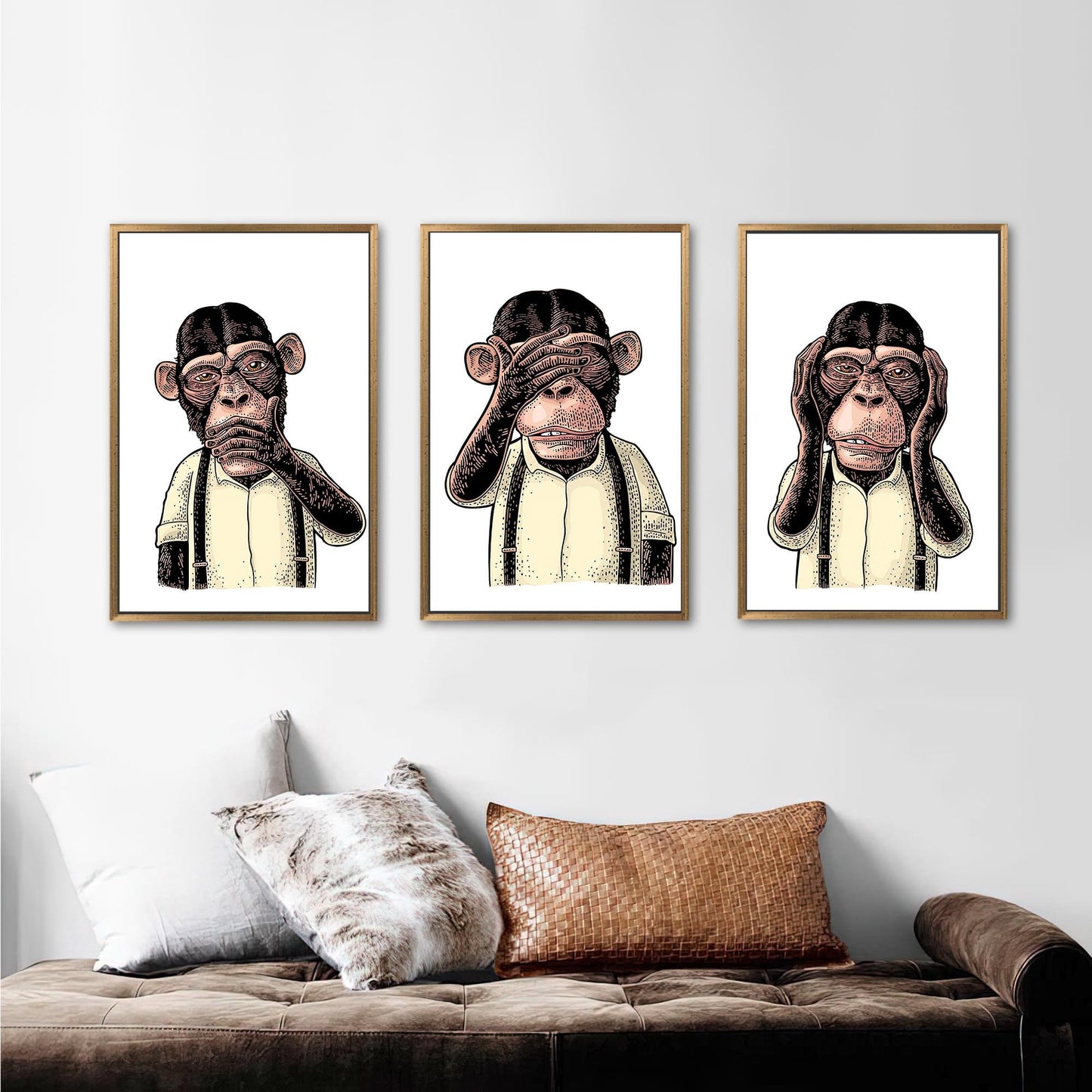 Abstract Monkey Art Canvas: Three Wise Monkey Wall Decor, Printed Artwork