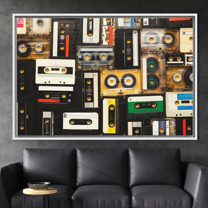 Vintage Cassette Art Canvas Print - Retro Music Wall Art with Tapes Printed
