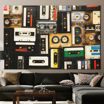 Vintage Cassette Art Canvas Print - Retro Music Wall Art with Tapes Printed