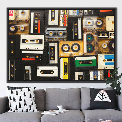 Vintage Cassette Art Canvas Print - Retro Music Wall Art with Tapes Printed