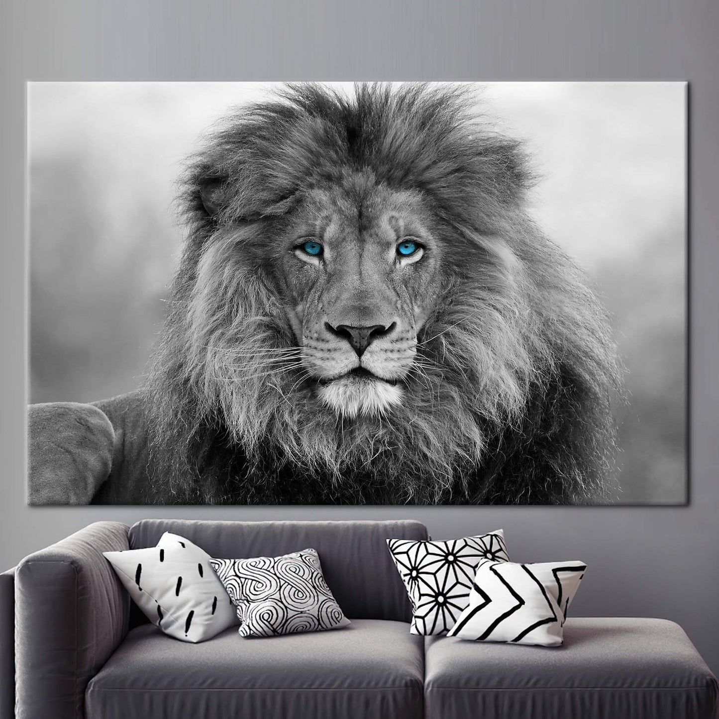 Blue Eyed Lion Canvas Art: Wild Animal Wall Decor for Loft and Wildlife Themes
