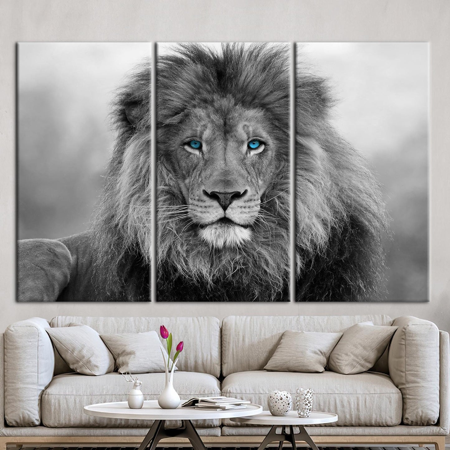 Blue Eyed Lion Canvas Art: Wild Animal Wall Decor for Loft and Wildlife Themes