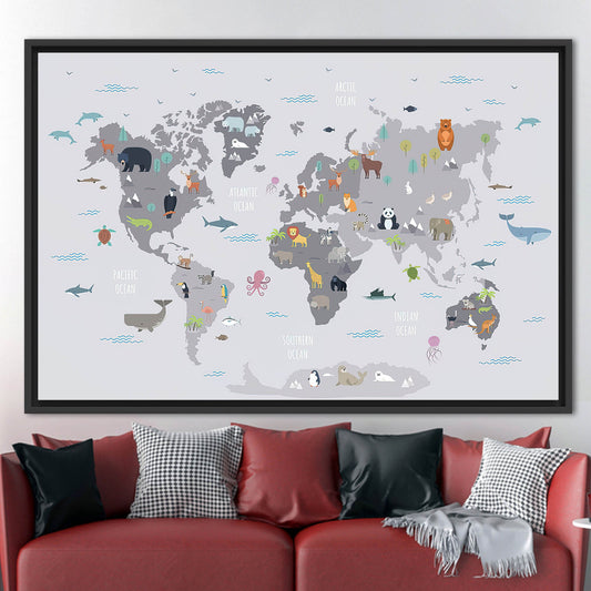 Educational Kids World Map Art Canvas: Vibrant Children Art Canvas for Kids Wall Decor