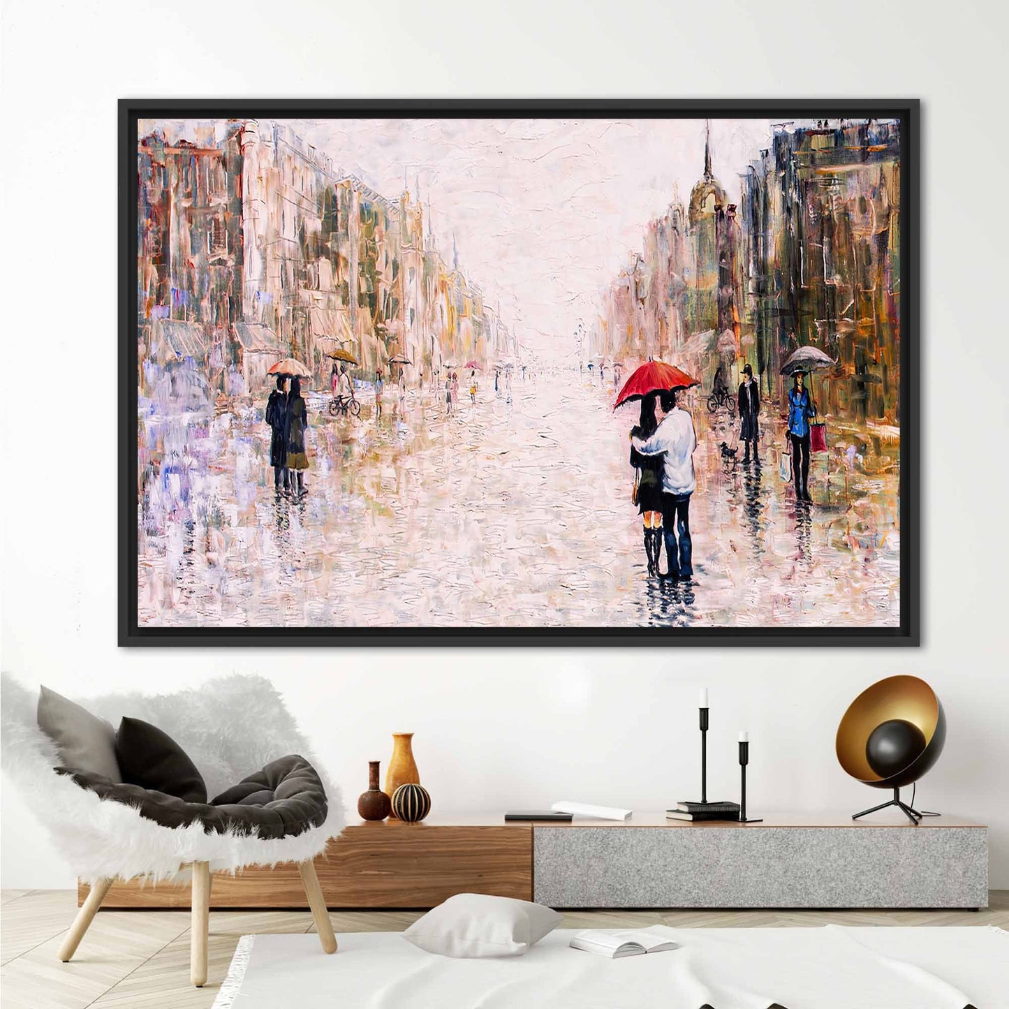 Red Umbrella Couple Landscape Valentine's Canvas Print