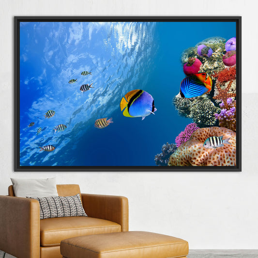 Blue Ocean Landscape Printed Canvas Art, Tropical Fish Wall Decor, Underwater Seascape