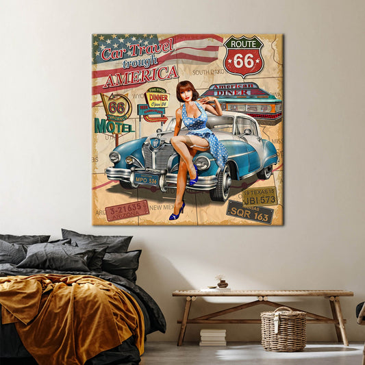 Vintage Car Canvas Art: Retro Woman with Tin Car, Garage Wall Decor
