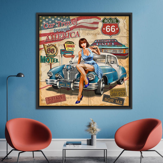 Vintage Car Canvas Art: Retro Woman with Tin Car, Garage Wall Decor