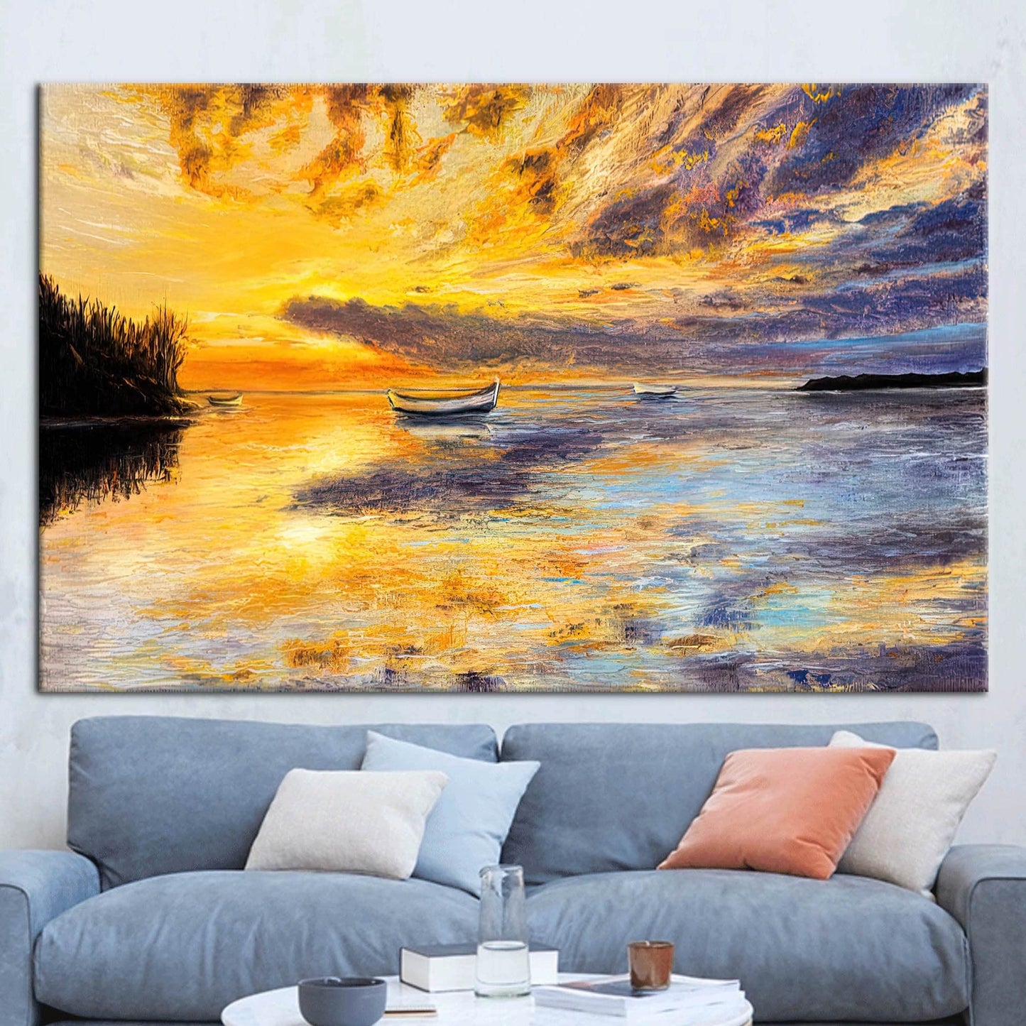 Abstract Seascape Canvas Print: Sunset Landscape with Boat Wall Decor