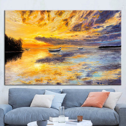 Abstract Seascape Canvas Print: Sunset Landscape with Boat Wall Decor