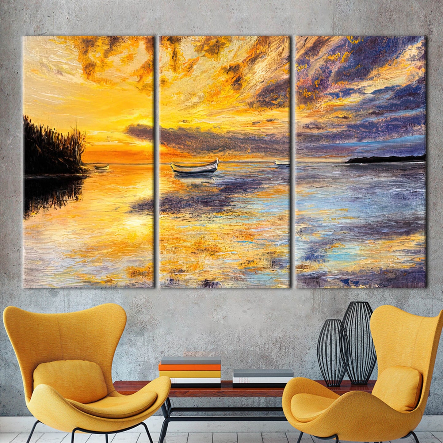 Abstract Seascape Canvas Print: Sunset Landscape with Boat Wall Decor