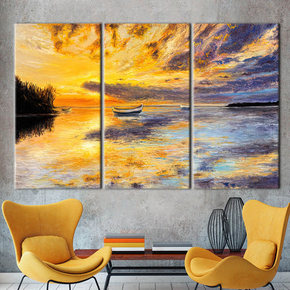 Abstract Seascape Canvas Print: Sunset Landscape with Boat Wall Decor