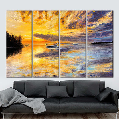 Abstract Seascape Canvas Print: Sunset Landscape with Boat Wall Decor