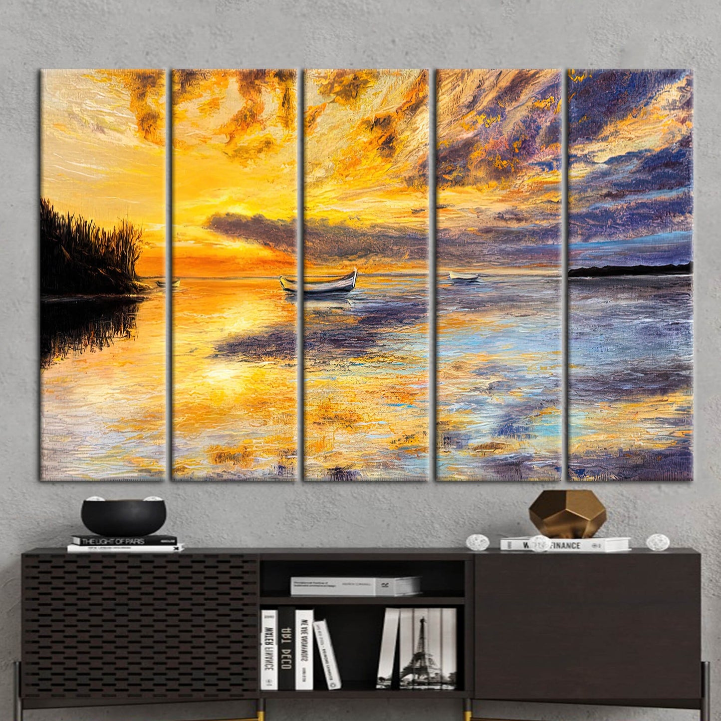 Abstract Seascape Canvas Print: Sunset Landscape with Boat Wall Decor
