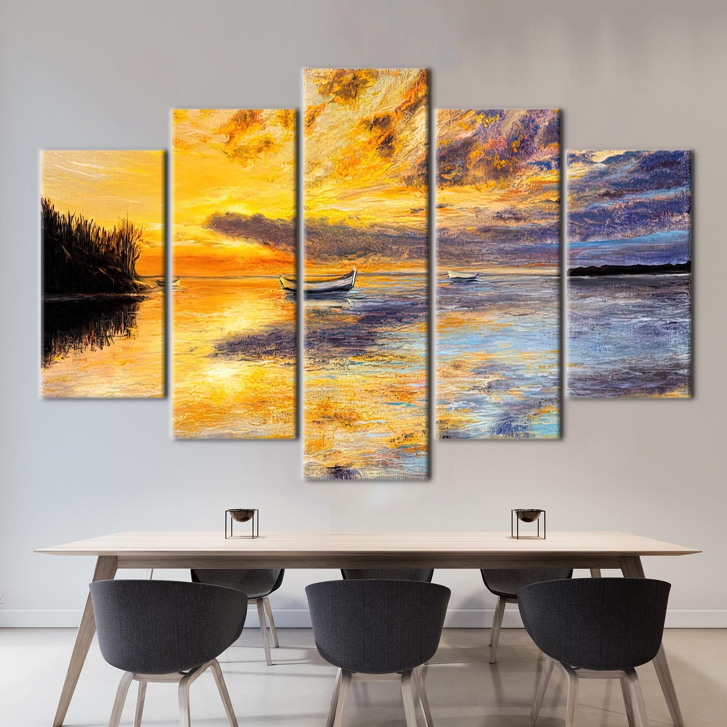 Abstract Seascape Canvas Print: Sunset Landscape with Boat Wall Decor