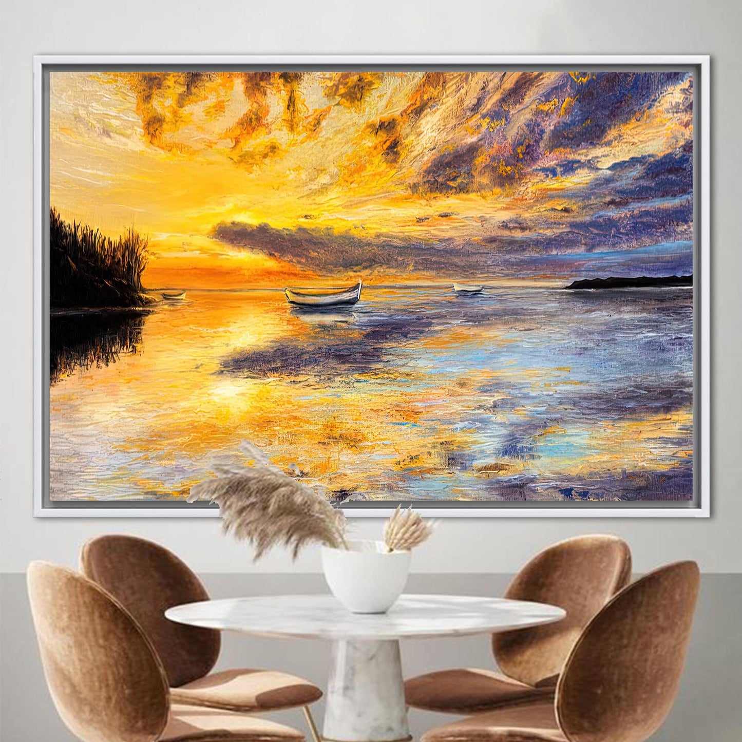 Abstract Seascape Canvas Print: Sunset Landscape with Boat Wall Decor