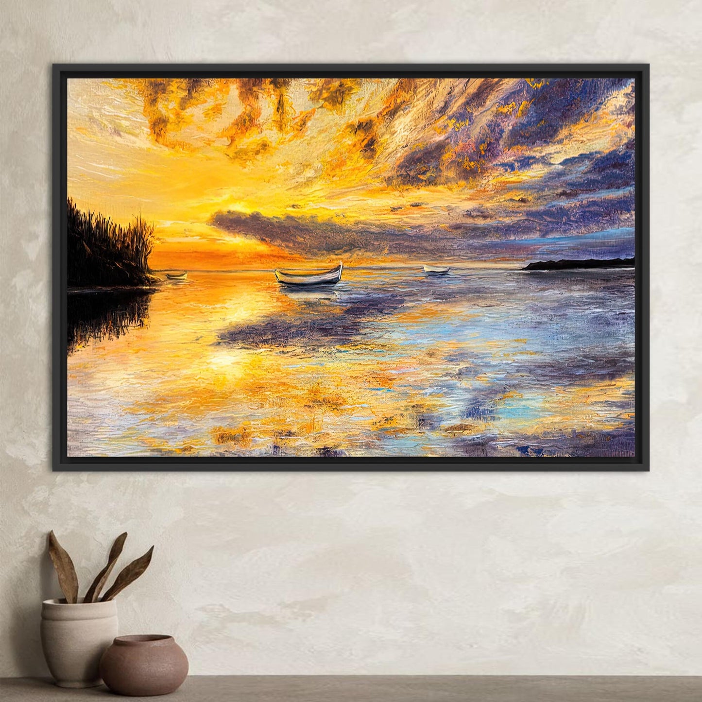 Abstract Seascape Canvas Print: Sunset Landscape with Boat Wall Decor