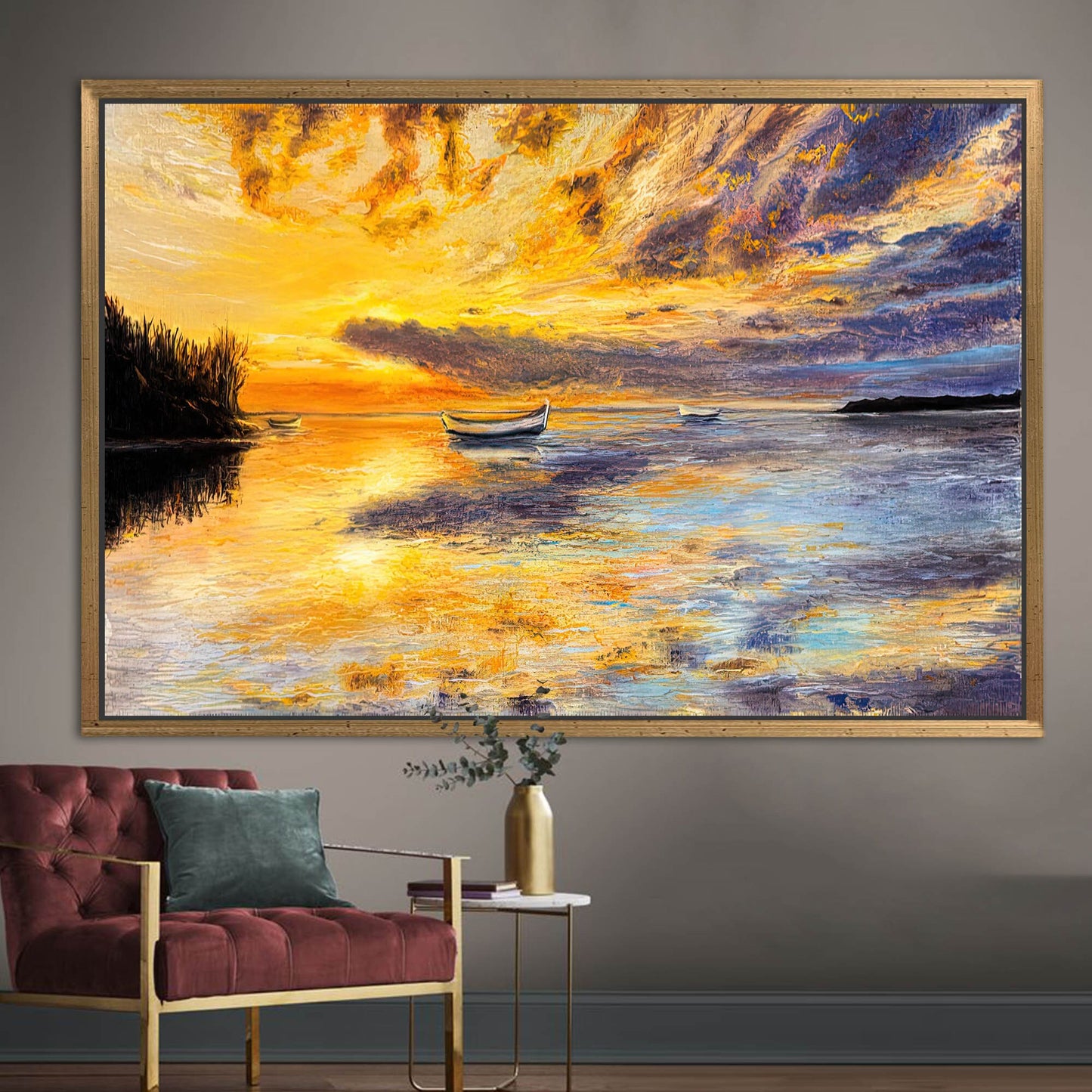 Abstract Seascape Canvas Print: Sunset Landscape with Boat Wall Decor