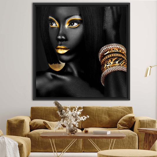 Gold Printed Abstract Art Canvas: Black Woman Wall Art with African Theme