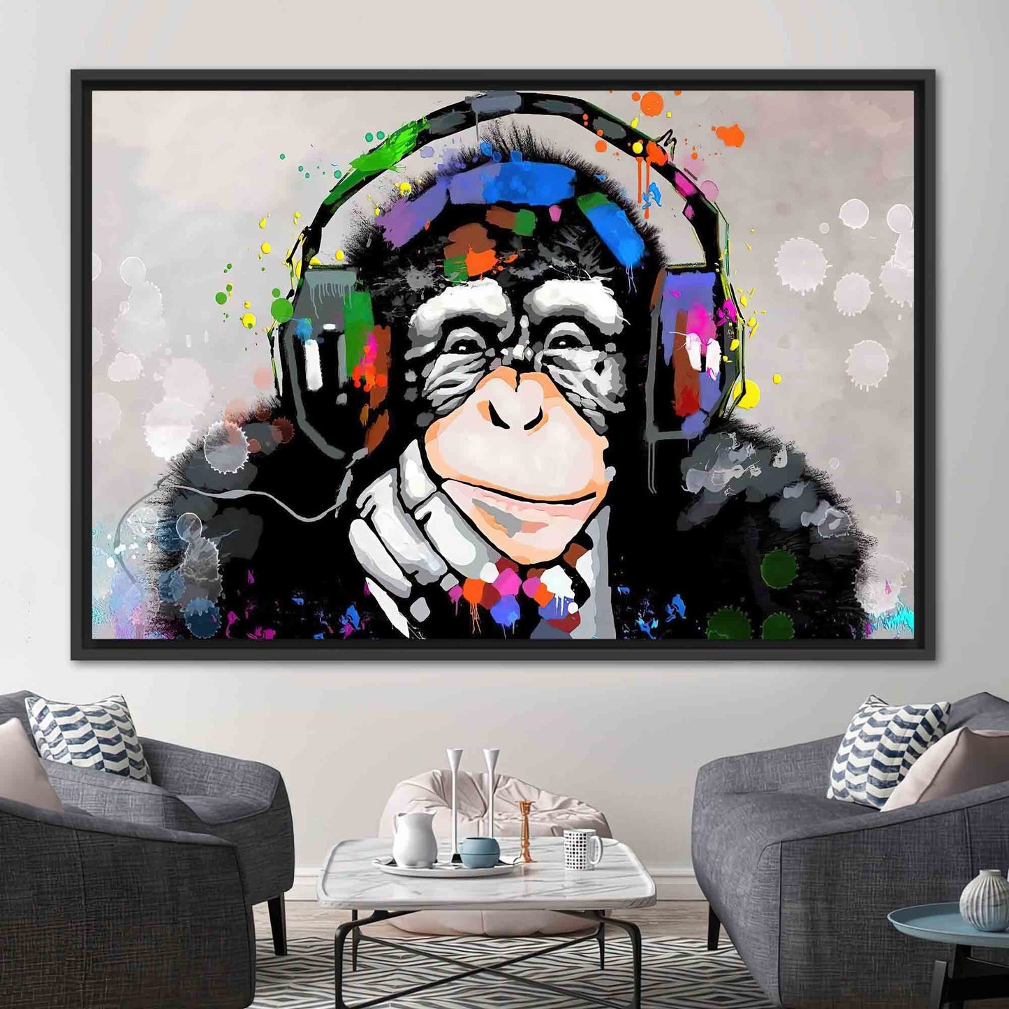 Abstract Thinking Monkey Wall Art Canvas, Dj Monkey Canvas Print, Trendy Monkey Artwork