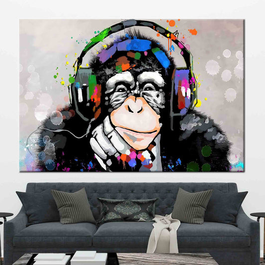 Abstract Thinking Monkey Wall Art Canvas, Dj Monkey Canvas Print, Trendy Monkey Artwork