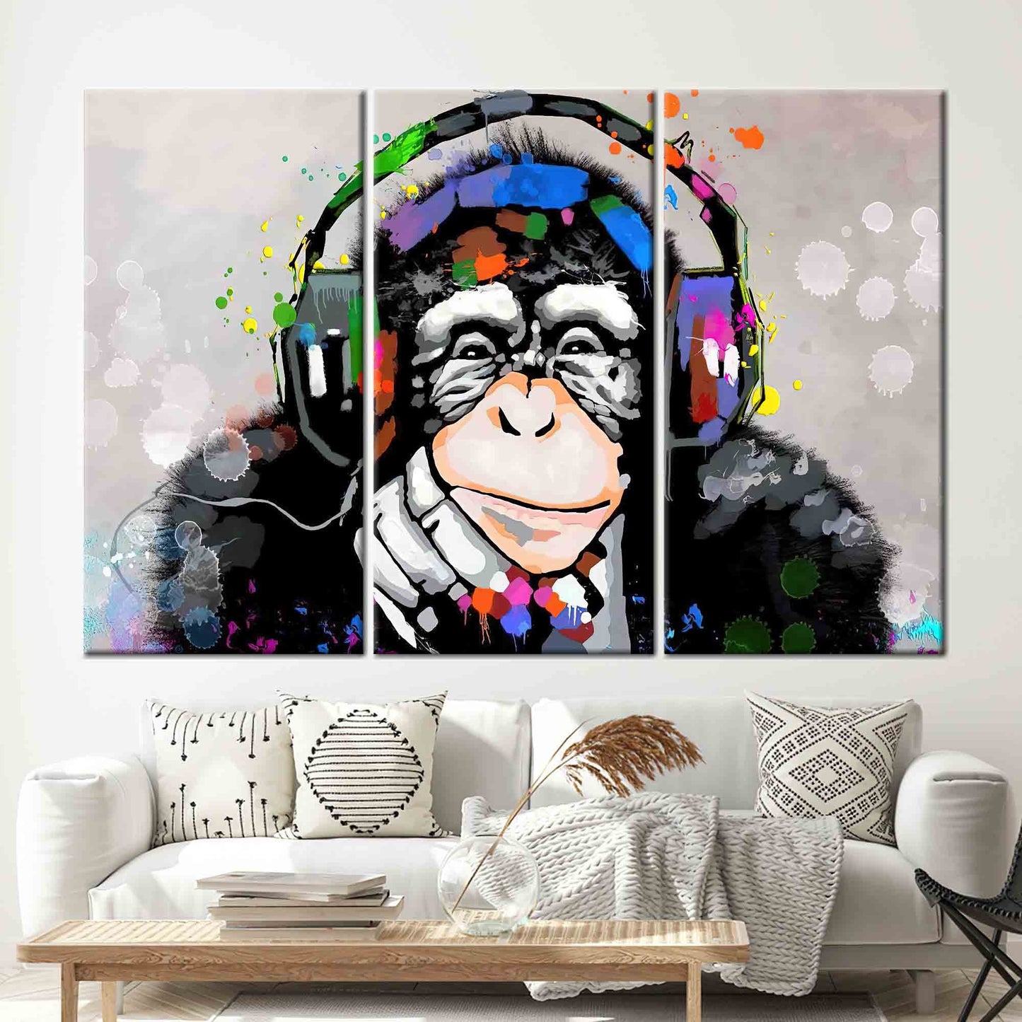 Abstract Thinking Monkey Wall Art Canvas, Dj Monkey Canvas Print, Trendy Monkey Artwork