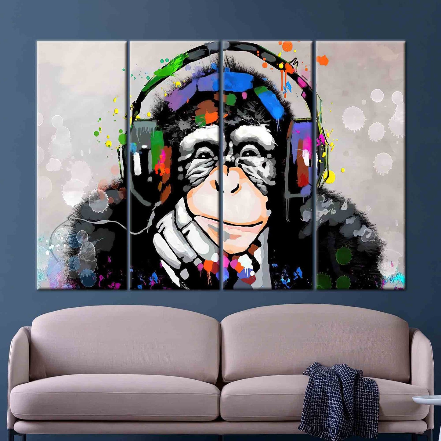 Abstract Thinking Monkey Wall Art Canvas, Dj Monkey Canvas Print, Trendy Monkey Artwork