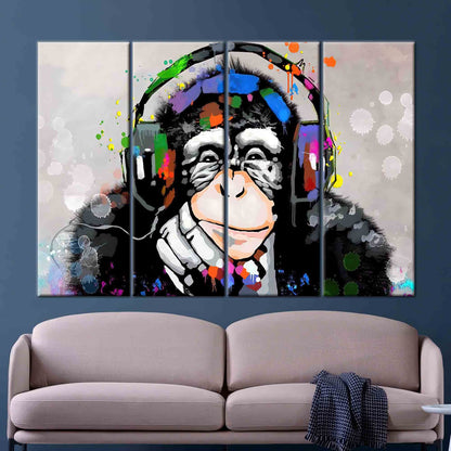 Abstract Thinking Monkey Wall Art Canvas, Dj Monkey Canvas Print, Trendy Monkey Artwork