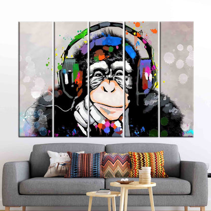 Abstract Thinking Monkey Wall Art Canvas, Dj Monkey Canvas Print, Trendy Monkey Artwork