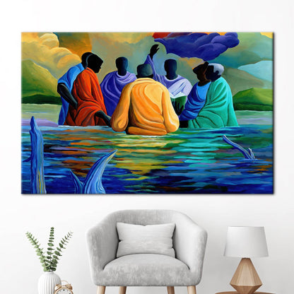 African Baptism Wall Art: Abstract Black Canvas Print with Ethnic Sea Landscape