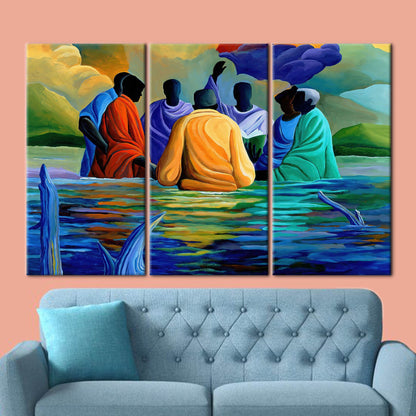African Baptism Wall Art: Abstract Black Canvas Print with Ethnic Sea Landscape