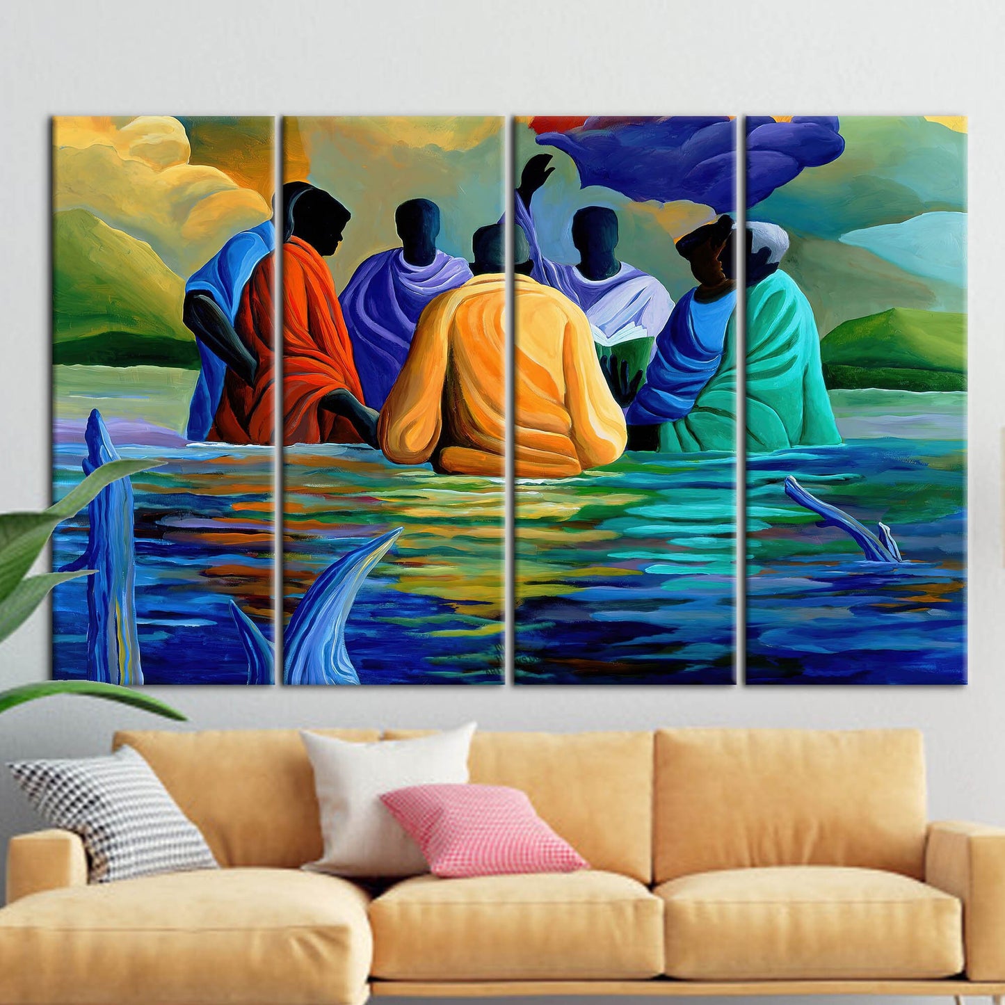 African Baptism Wall Art: Abstract Black Canvas Print with Ethnic Sea Landscape