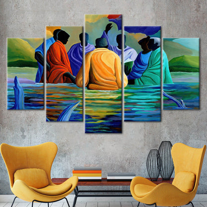 African Baptism Wall Art: Abstract Black Canvas Print with Ethnic Sea Landscape