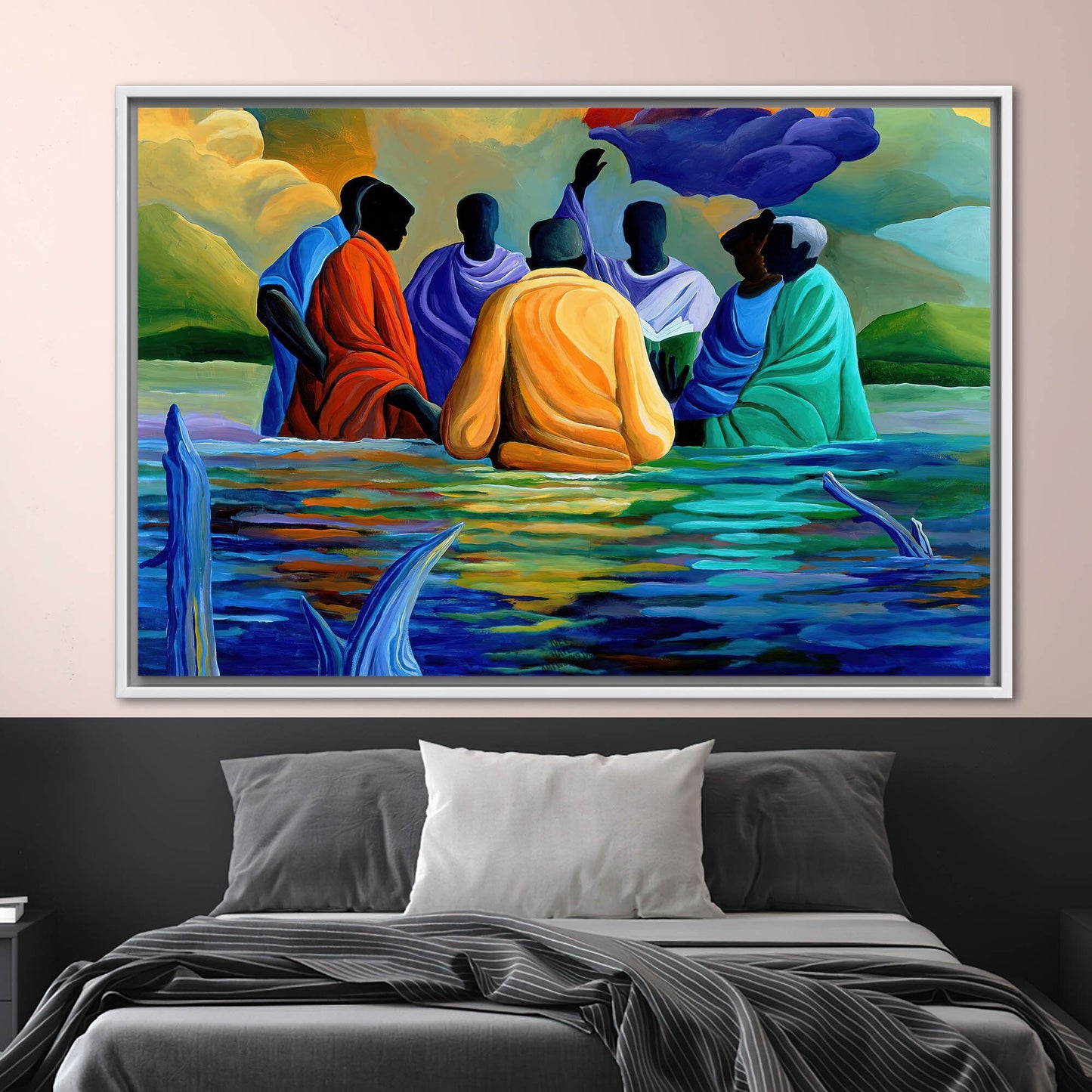 African Baptism Wall Art: Abstract Black Canvas Print with Ethnic Sea Landscape