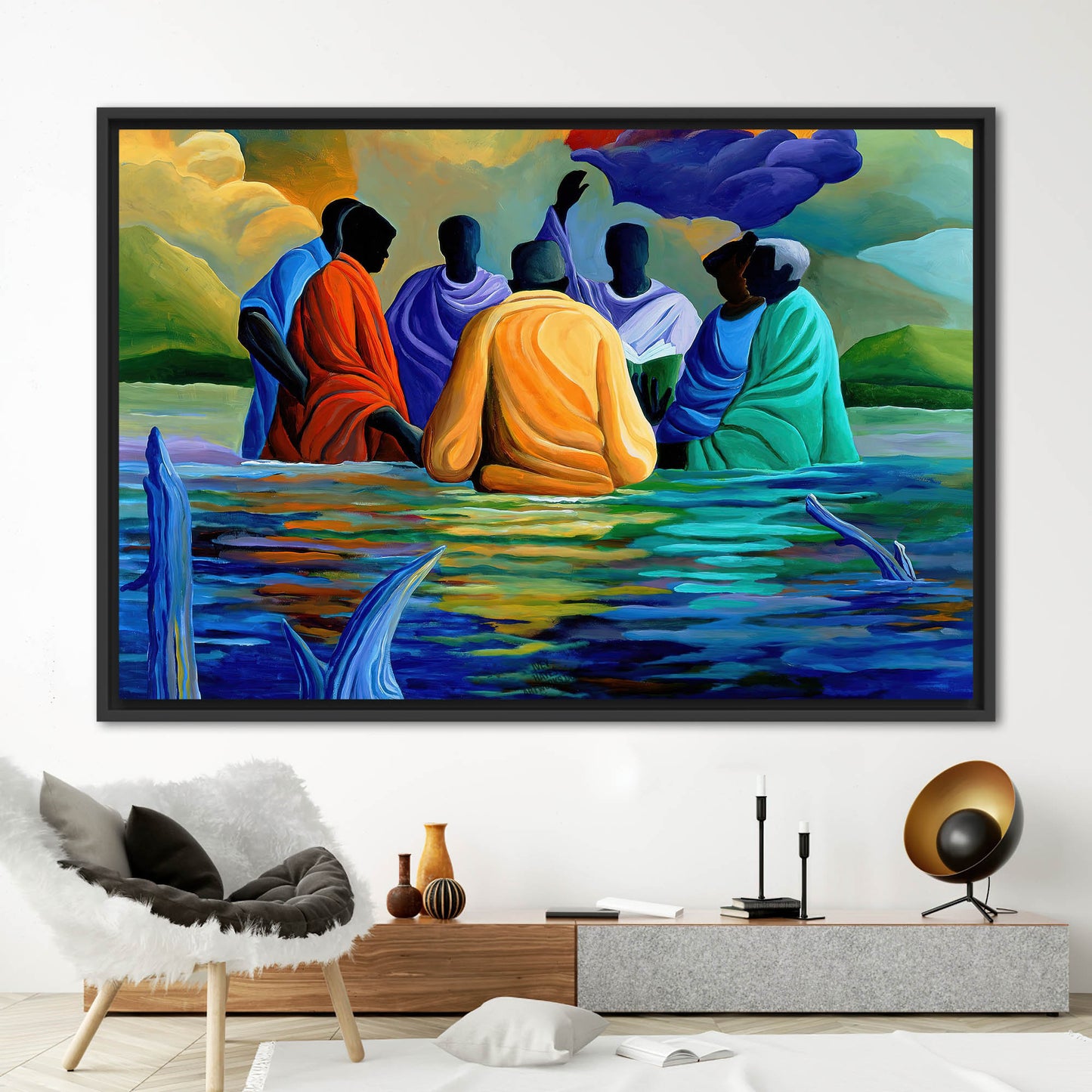 African Baptism Wall Art: Abstract Black Canvas Print with Ethnic Sea Landscape