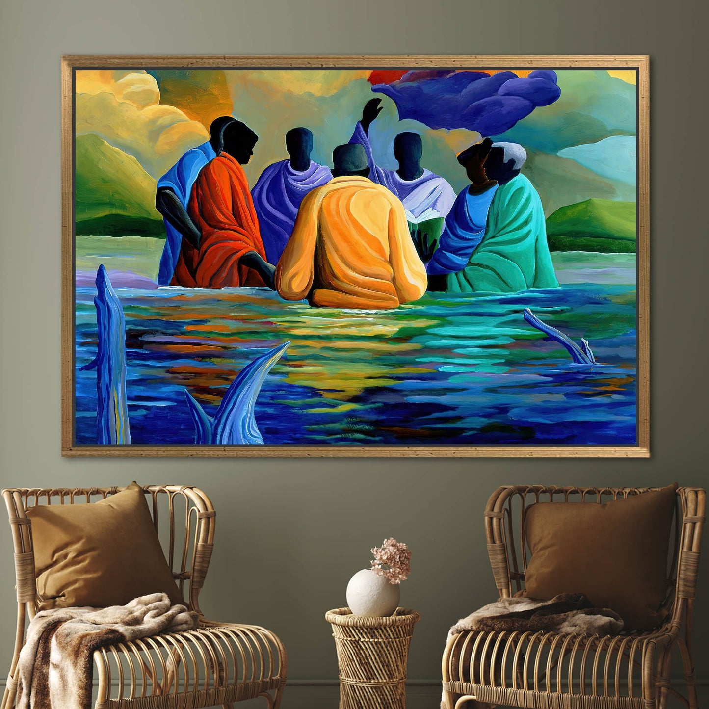 African Baptism Wall Art: Abstract Black Canvas Print with Ethnic Sea Landscape